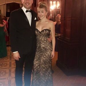 Lulu's Allison Black and Nude Lace Strapless Dress